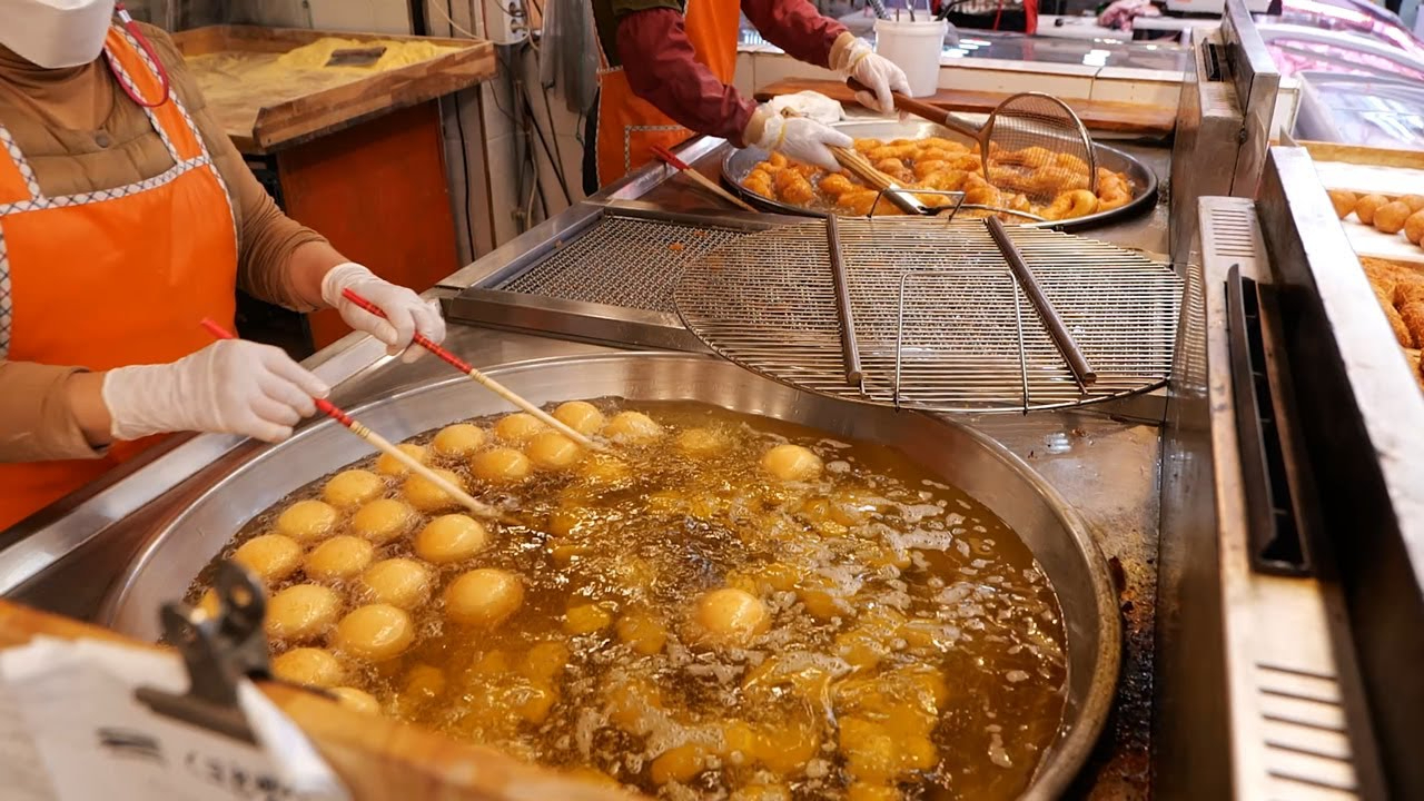 韩国人是多么爱吃油炸食品,啥都炸,韩国街头小吃!