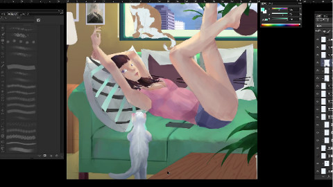 板绘,少女和猫的绘画