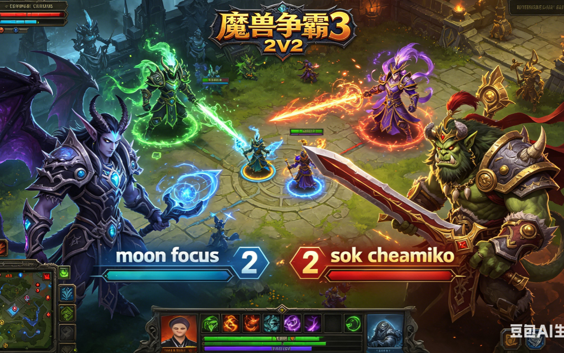 2v2消灭全部的建筑 魔兽争霸xiaoy解说moon focus sok chaemiko