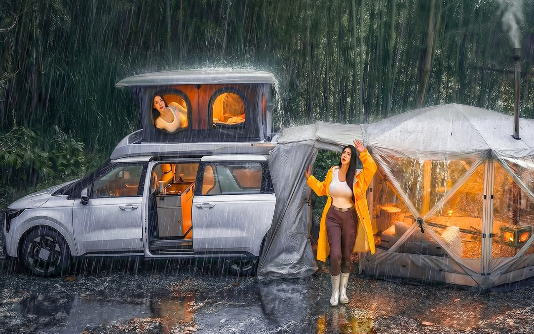 ️在森林深处的露营车里进行暴雨露营