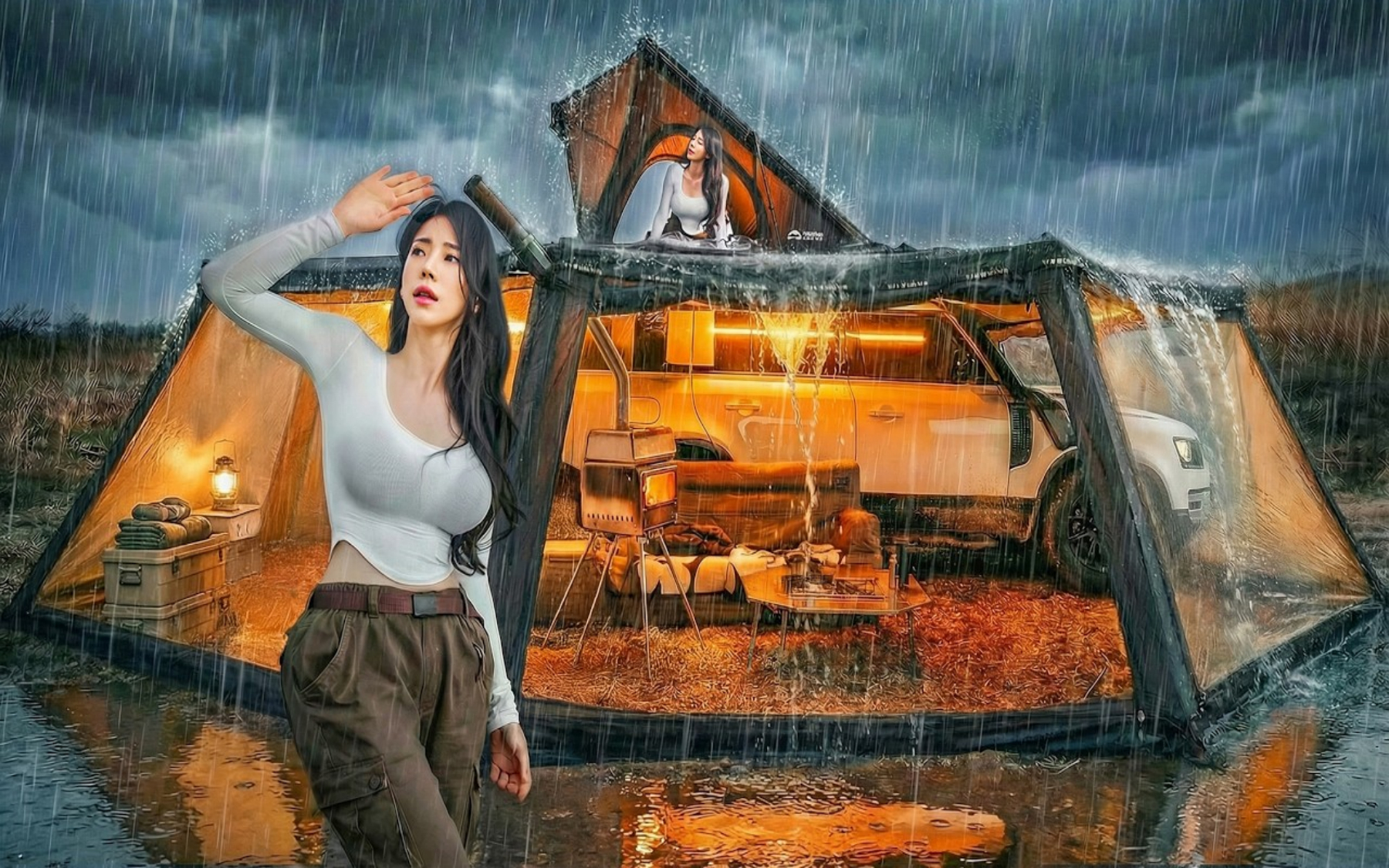 ️带着超大遮阳棚房间的雨天汽车露营