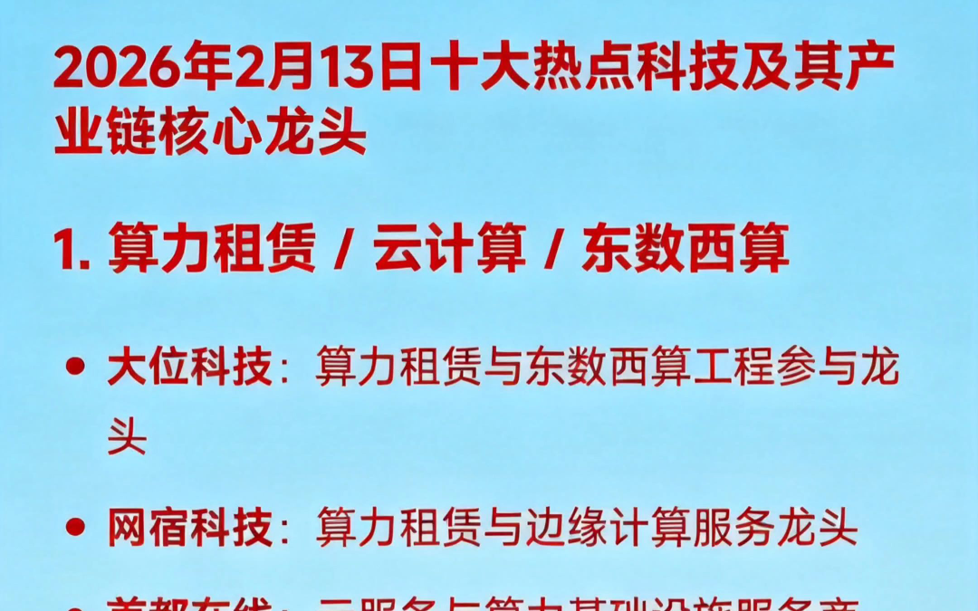 2026年2月13日十大热点科技及其产业链核心龙头