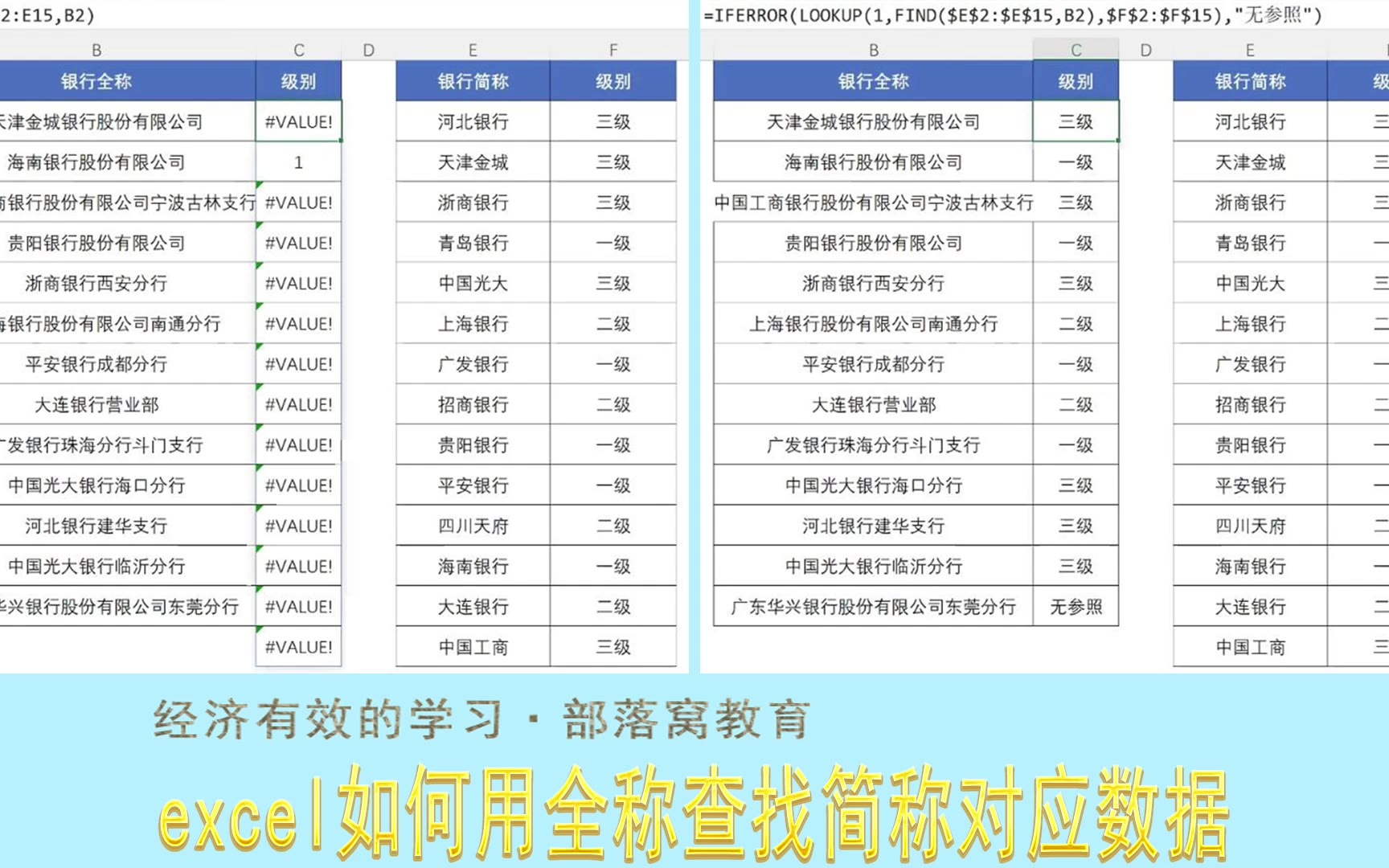 excel如何用全称查找简称对应数据？