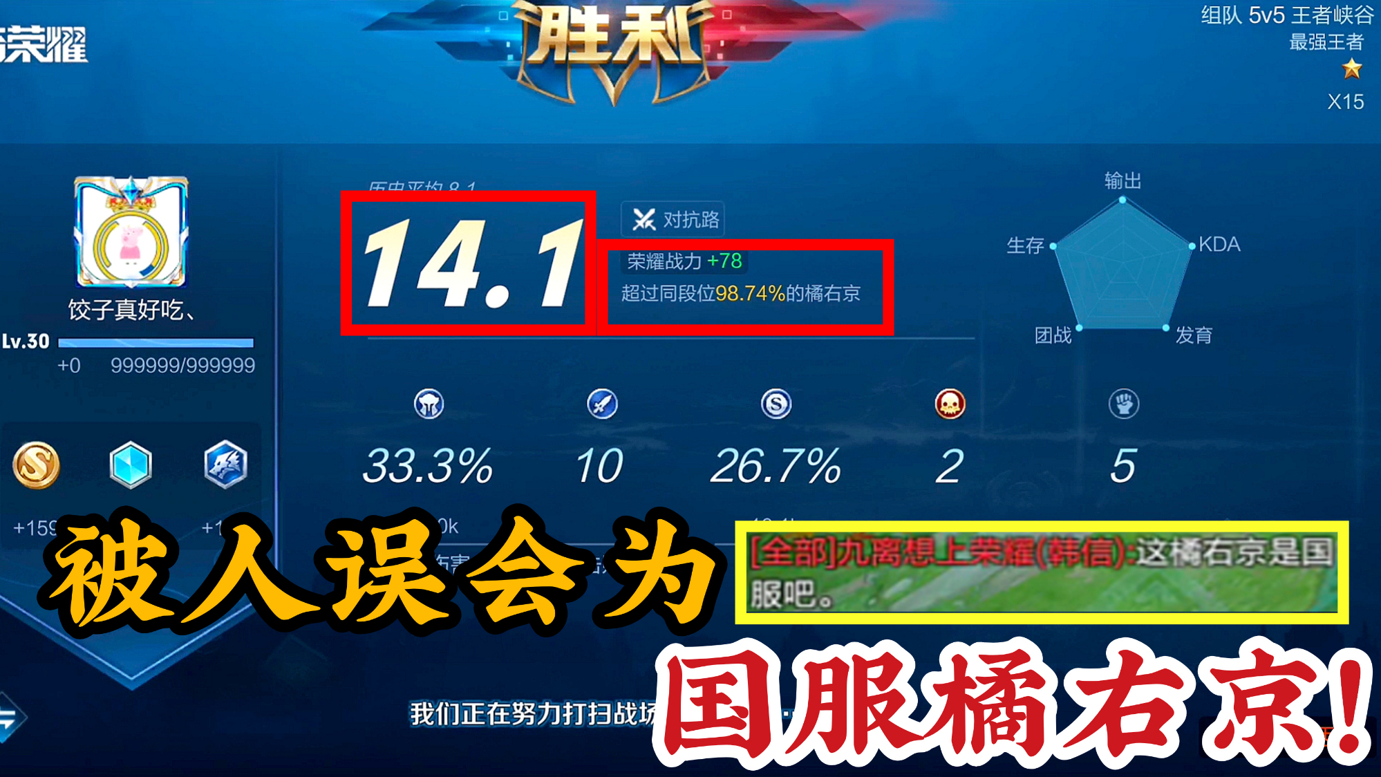 顺风的橘右京有多强?14评分超过百分之98!对手还以为我是国服