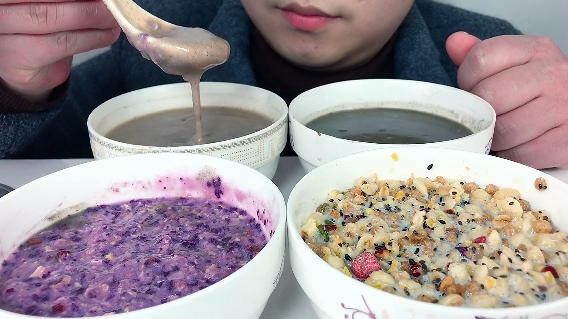 吃谷物水果麦片,紫薯魔芋代餐粥,红豆薏米粉,黑芝麻核桃黑豆粉,听不同咀嚼音!
