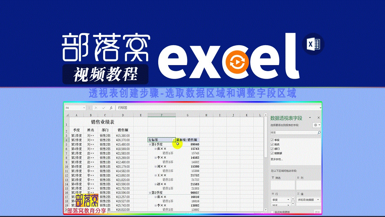 excel透视表创建步骤视频:选取数据区域和调整字段区域