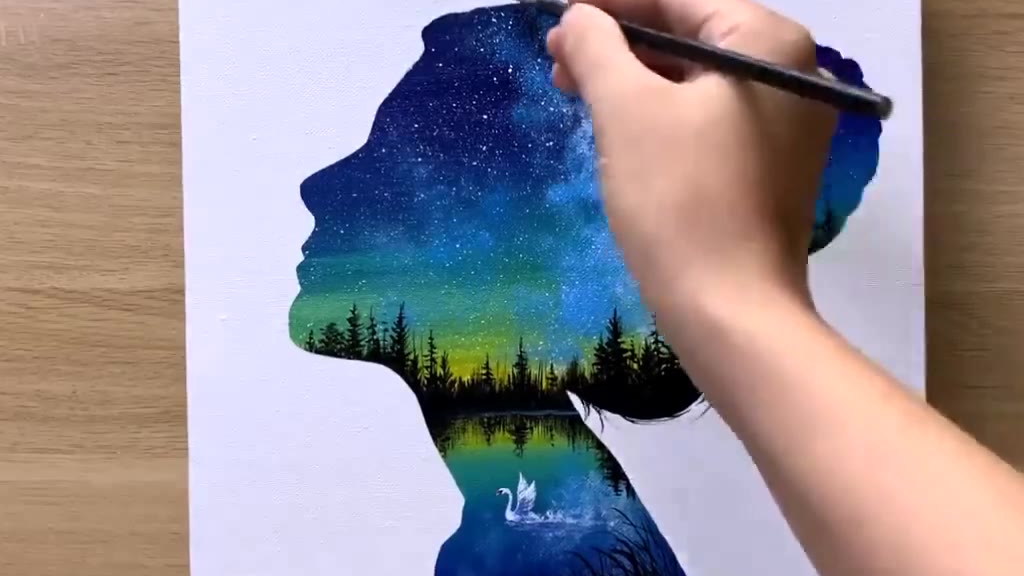 绘画《黑夜星空中的女孩儿》,看起来很简单吖